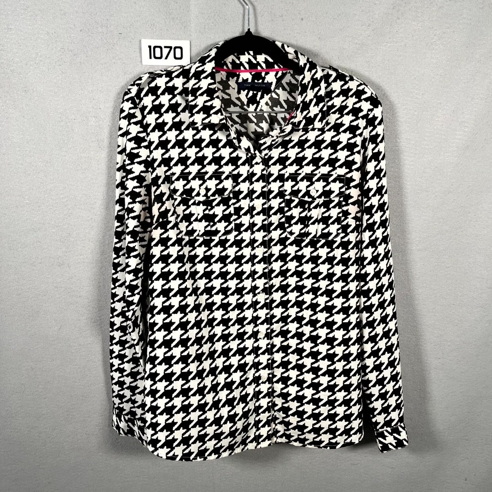Tommy Hilfiger Blouse Womens Medium Black White Houndstooth Pockets Button Front